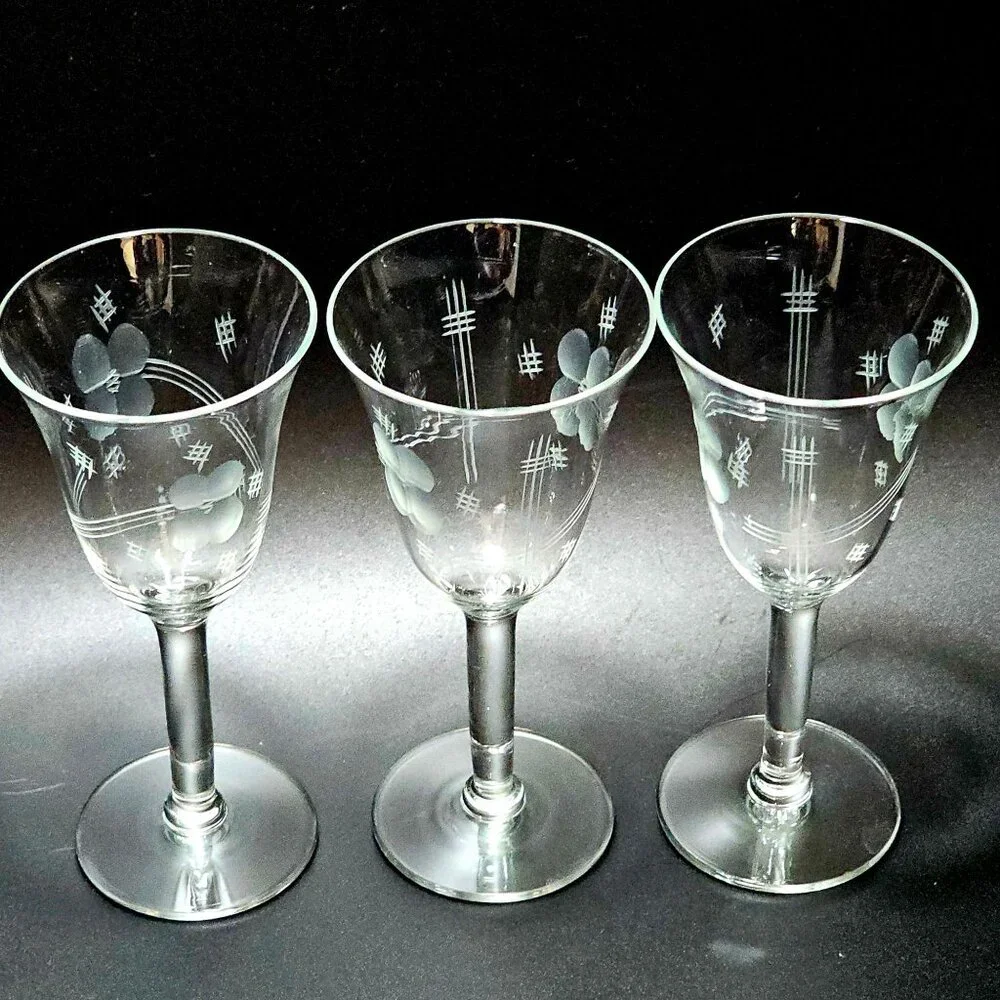 3 Art Deco Etched Crystal Cocktail Glasses 5" vtg hashtag floral drinkware 90s - Picture 2 of 5